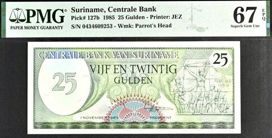 Suriname 25 Gulden Pick# 127b 1985 PMG 67 EPQ Superb Gem Unc Banknote