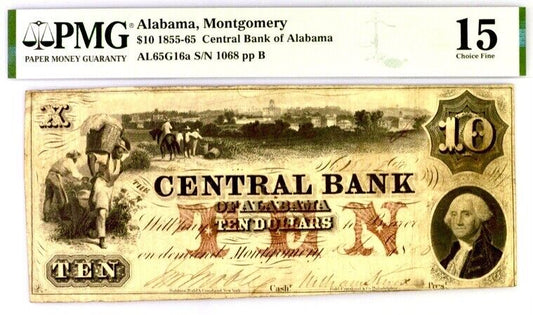 1855-65 $10 Alabama Montgomery PMG 15 Fine Banknote