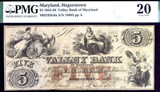 1855-56 $5 Maryland Hagerstown PMG 20 Very Fine Banknote
