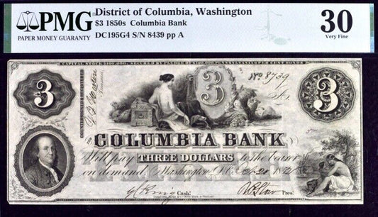 1850s $3 District of Columbia Washington PMG 30 Very Fine Banknote