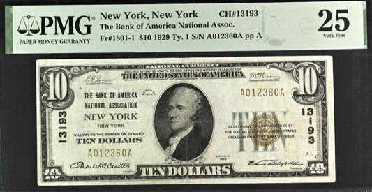 1929 $10 Fr#1801-1 New York, New York PMG 25 Very Fine Banknote