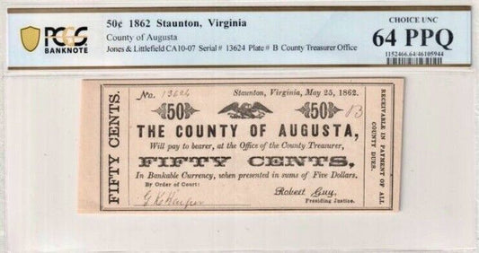 1862 50 Cents Staunton Virginia PCGS 64 Uncirculated Banknote