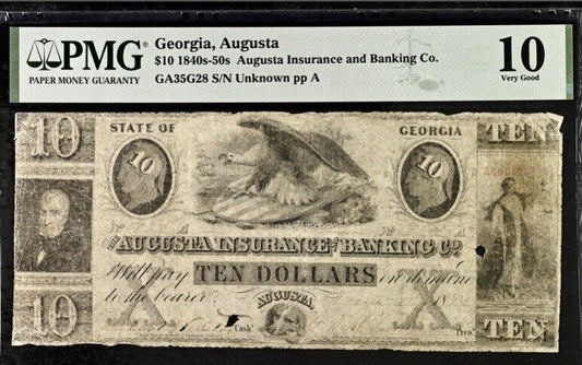 Georgia, Augusta $10 1840s PMG 10 Very Good Banknote