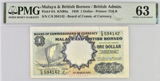 Malaya & British Borneo $1 Pick# 8A 1959 PMG 63 Uncirculated Banknote