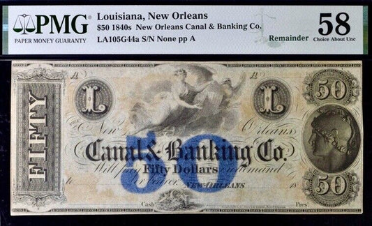 1840s $50 Louisiana New Orleans PMG 58 AU Banknote