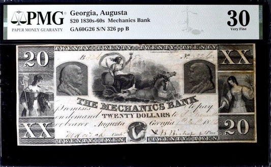 Georgia Augusta $20 (Twenty Dollars) 1830s-60s PMG 30 Very Fine Banknote