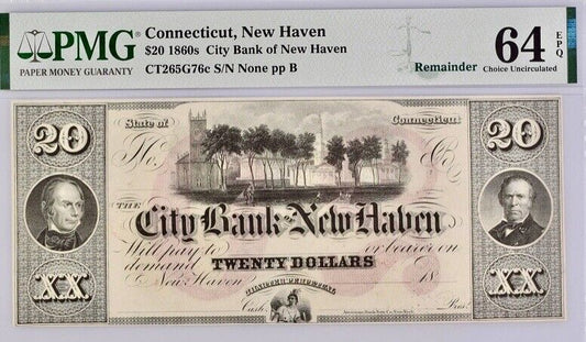 1860s $20 Connecticut New Haven Remainder PMG 64 EPQ Unc banknote