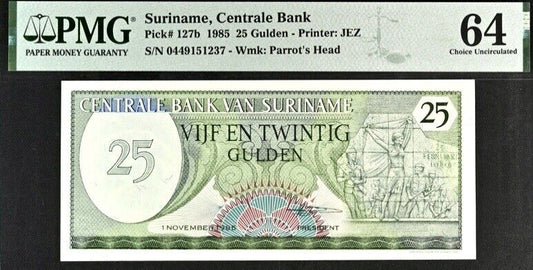 Suriname 25 Gulden Pick# 127b 1985 PMG 64 Uncirculated banknote