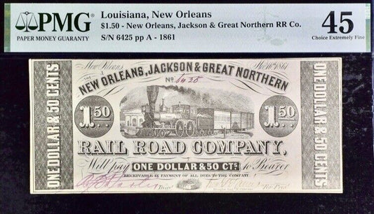 Louisiana New Orleans $1.50 1861 PMG 45 Extremely Fine Banknote