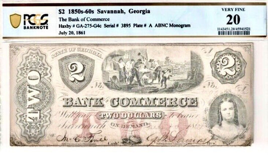 1850s-60s $2 (Two Dollars) Savannah Georgia PCGS 20 Very Fine Banknote
