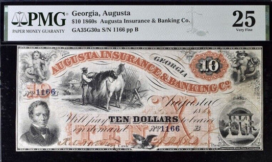 Georgia, Augusta $10 (Ten Dollars) PMG 25 Very Fine Banknote
