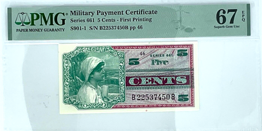 Series 661, Military Payment Certificate (MPC) 5 Cents, First Printing, PMG 67