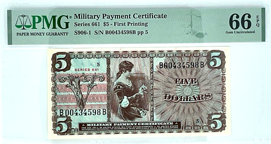 Series 661, Military Payment Certificate MPC  $5 Five Dollars, First Printing 66