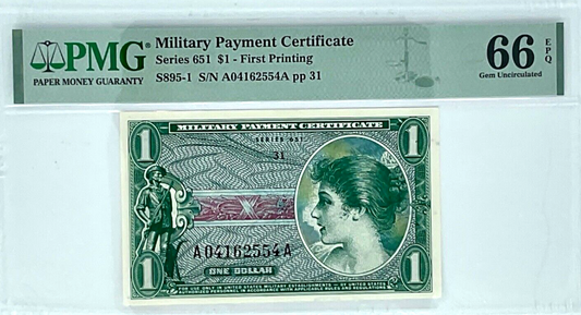 Series 651, Military Payment Certificate MPC, $1 One Dollar, First Printing,  66